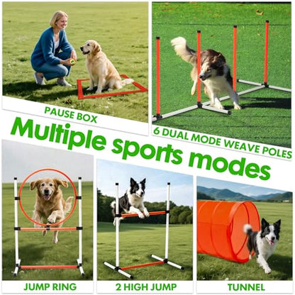 Dog Agility Course Backyard Set, Dog Agility Equipment, Pet obstacle Course Backyard with 6 Dual Mode Weave Poles, 2 Adjustable Hurdle, Jump Ring, Tunnel, Pause Box, Toy Balls and 2 Carrying Bags - size: 15 PCS SET