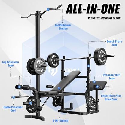 Z3 900LBS Olympic Weight Bench Set with Leg Extension, 9 in 1 Workout Press with Preacher Curl Pad and LAT Pulldown, Strength Training Bench for Home Gym - color: 100lbs Colorful Plates and Bench