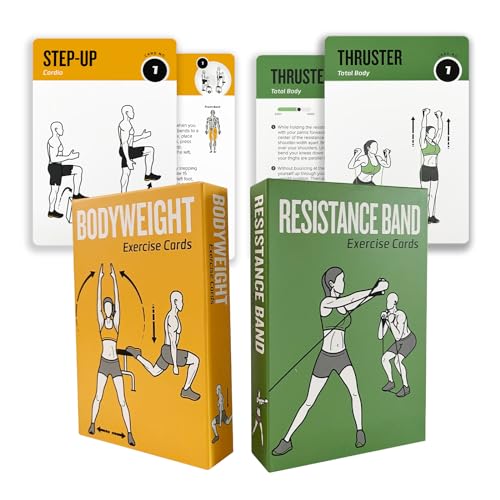 Bodyweight & Resistance Belt Workout Cards, 100 Different Exercise Cards with Detailed Illustrations, Large Size 5" x 3.5" Fitness Cards for Women & Men