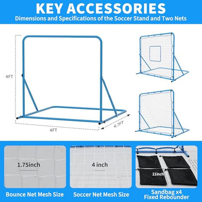 IDEALHOUSE 2-in-1 Soccer Rebounder Net and Goal, 4x4 FT Bounce Back Trainer with 3 Adjustable Angles, Durable Steel Frame, Portable Practice Equipment for Youth & Adults, Blue