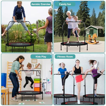 RAVS Mini Trampoline for Kids Adults 40"/48" Foldable Fitness Rebounder Kids Trampoline with 5 Levels Height Adjustable Handle Resistance Bands Indoor Workout - size: 40-inch