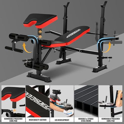 OPPSDECOR 900LBS Weight Bench Set Adjustable Bench Press Set with Squat Rack Foldable Olympic Workout Bench with Leg Developer Preacher Curl Workout Bench for Home Gym Full Body Exercise