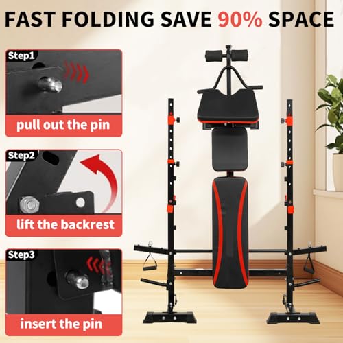 1500LB 8 IN 1 Olympic Weight Bench with Lat Pulldown and Leg Extension/Curl, Foldable Bench Press with Preacher Curl & Squat Rack, Workout Benches with Safety Bar Catches for Home Gym(US Stock) - color: red dark