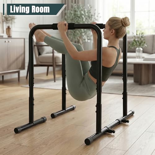 OLIXIS Dip Bar, Adjustable Heavy Duty Dip Bar Station with Soft High-Density Foam Handles, Stabilizer Parallel Parallette Bar Fitness Equipment for Home, Gym, Patio, Office - color: Pitch Black