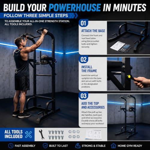 BARWING Pull Up Bar Station, Power Tower, Dip Station with 3D Backrest, Multi-Function Strength Training Stand Rack, Adjustable Height Dip Bar for Home Gym Workout Stand Fitness Exercise Equipment
