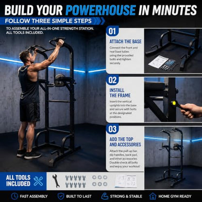 BARWING Pull Up Bar Station, Power Tower, Dip Station with 3D Backrest, Multi-Function Strength Training Stand Rack, Adjustable Height Dip Bar for Home Gym Workout Stand Fitness Exercise Equipment