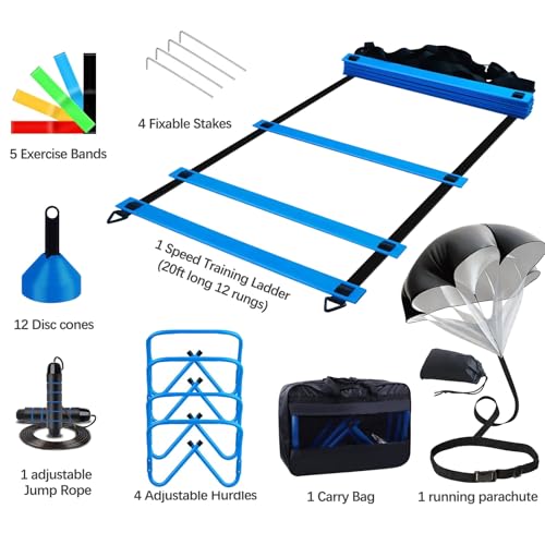 Agility Training Equipment, Football Training Equipment Includes 20FT Agility Ladder,4 Adjustable Agility Hurdles, 12 Football Cones, Parachute, for Training Soccer Basketball Athletes
