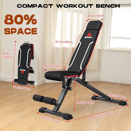 Folding Weight Bench, 880LB Foldable Workout Bench with Extended Headrest for Bench Press Workout Training, Incline Decline Bench