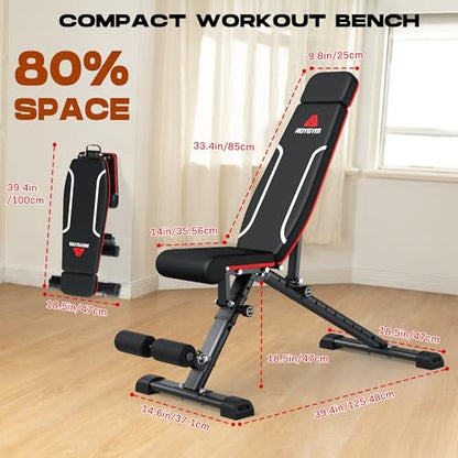 Folding Weight Bench, 880LB Foldable Workout Bench with Extended Headrest for Bench Press Workout Training, Incline Decline Bench