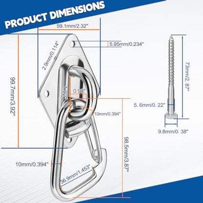Heavy Duty Hammock Hooks Hanging Kit - Stainless Steel Pad Eye Hooks with Mounting Screws for Ceiling Wall Swing Anchor - 3600lbs Load Bearing Hardware for Indoor Outdoor TRX Gym DIY Projects