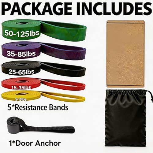 Resistance Bands, 5 Levels Exercise Bands for Men Women, Upgraded Tear Resistant Workout Band with Door Anchor,Body Stretching,Physical Therapy,Muscle Training, Pull Up Assistance Band for Working Out