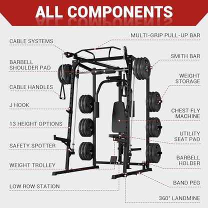 Garvee 2000LBS Smith Machine Home Gym, Multi-Function Power Cage Squat Rack with Cable Crossover & LAT Pulldown, Strength Training Equipment with 8 Weight Storage Pins and More (Plates Not Included)