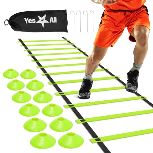 Yes4All Agility Ladder Speed Training Equipment, Adjustable Football Ladder for All Ages with Carry Bag, Durable, Portable, Multiple Colors & Rungs - color: J.Combo Lime Ladder & 12 Soccer Cones