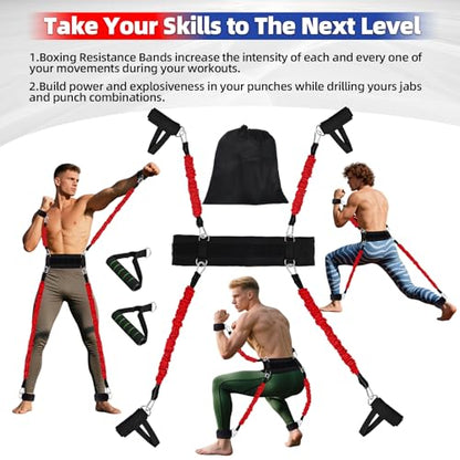 Boxing Resistance Bands Set for Boxing MMA Martial Arts Training Equipment, 150lbs Exercise Bands with Cuffs & Belt, Workout Band for Resistance Training Enhance Explosive Power/Speed/Agility