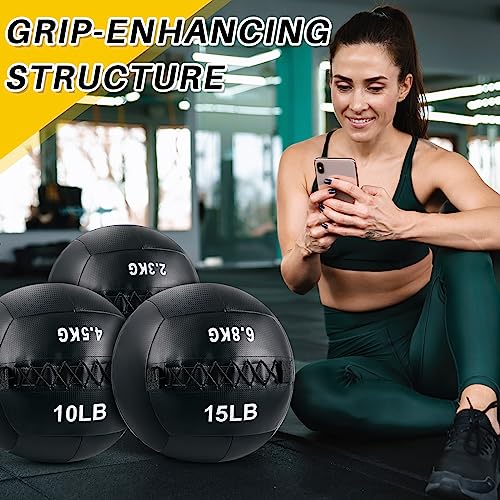 Lunmon Soft Wall Medicine Ball for Exercise Fitness Slam Weighted Med Ball with Non Slip Grip for Slamming Workout Strength Conditioning Core Training Lunge and Partner Toss - size: 5, 10 and 15 Lbs
