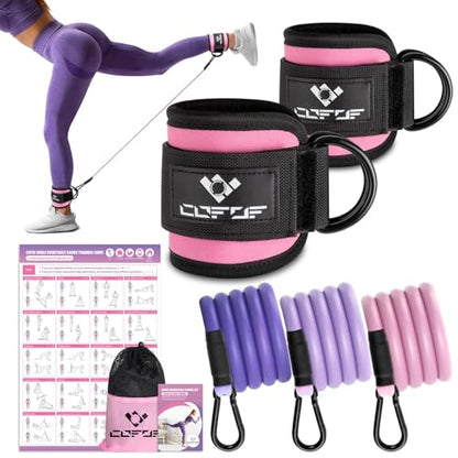 Ankle Resistance Bands with Cuffs, Leg Exercise Equipment with Poster - color: Pink