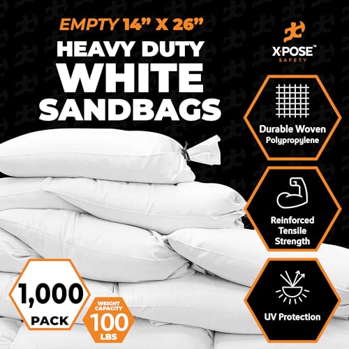Xpose Safety Heavy Duty Sand Bags with Tie Strings – Empty Woven Polypropylene Sandbags for Hurricane Flood Protection, 100 lb Capacity, 14" x 26", White, Pack of 1000 - color: White, size: 1000 Sandbags