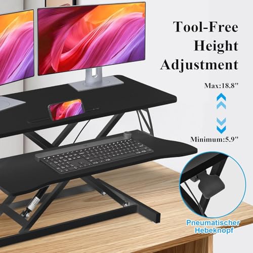 Adjustable Standing Desk Converter – 37" Wide, for Two Monitors with Keyboard Tray, Manual Gas Spring Sit Stand Desk Converter Lifts to 18.5", Black