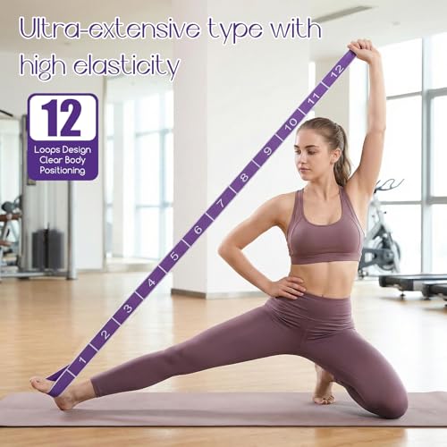 4 Pcs 12 Loops Stretch Bands for Yoga, Pilates, Physical Therapy - Elastic Strap for Flexibility, Leg Exercise, Dance Fitness Equipment (2 Purple, 2 Pink)