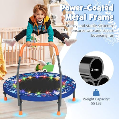 GYMAX 36” Toddler Trampoline with Lights, Folding Springless ASTM Approved Small Kids Rebounder with Foam Handle, Safety Padded Cover & Foldable Legs, Mini Indoor Baby Trampolines - color: Dark Blue
