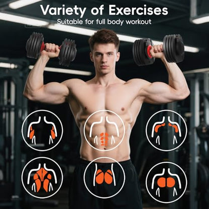 New Upgraded Adjustable Dumbbell Set of 2 (52.5 lbs/25 lbs), 15/9 Weights Dumbbell Set with Safe Locking System, Quick Adjustable Dumbbells For Men and Women Home Gym Workout with Anti-Slip Handle