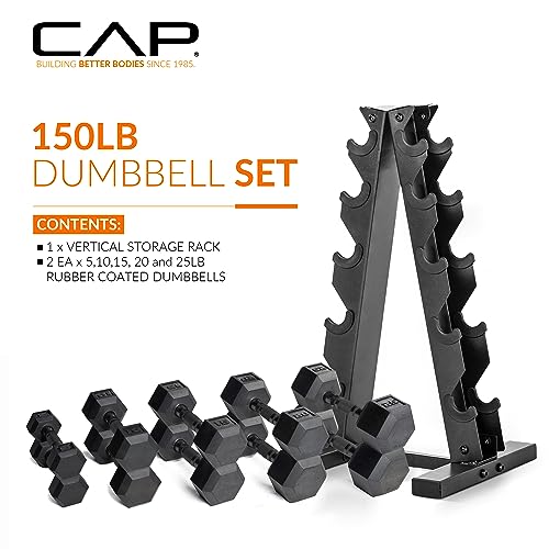 CAP Rubber Coated Dumbbell Weight Set with Vertical Rack | 100 lb, 150 lb, and 210 lb Options - size: 150 lb - Set, style: Black Handle