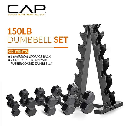 CAP Rubber Coated Dumbbell Weight Set with Vertical Rack | 100 lb, 150 lb, and 210 lb Options - size: 150 lb - Set, style: Black Handle