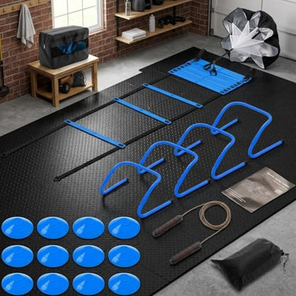 Agility Ladder Training Set - Blue Speed & Footwork Training Equipment with Resistance Parachute, Hurdles, Cones, Jump Rope and Carrying Bag for Sports, Fitness and Soccer Training