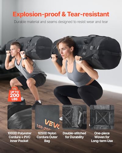 VEVOR Workout Sandbag, Heavy Duty Workout Power Bags with Handles, 125-200 lbs Adjustable Slam Bag for Fitness Strength Weight Training Cross-Training, Home Gym Exercise, Black (Unfilled)