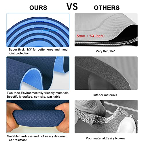 Yoga Mat 1/3" (8mm) Thick Non-Slip, Women Men Fitness & Exercise Mat, 72"Lx24"W Eco-Friendly TPE Workout Mat with Carrying Strap for Yoga, Pilates, Home Gym, Floor Exercises