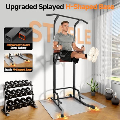Power Tower Pull Up Station, Dip Station with Stable H-Shaped Base, Adjustable Height for Pull-Ups, Dips, Knee Raises & Calisthenics Training - color: Black/Brown