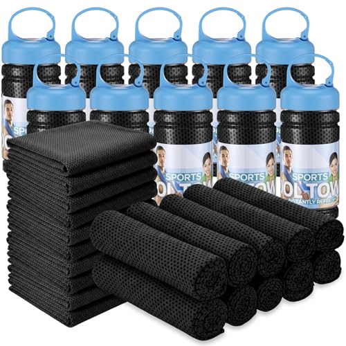 Honoson 20 Pcs Cooling Towels for Neck and Face, 47"x12" Sports Breathable Ice Towels Microfiber Chilly Sweat Rags with Portable Bottle for Gym Golf Athletes Yoga Workout Hot Weather (Black) - color: Black