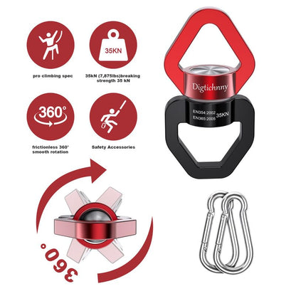 Swivel Hook for Swing, 35KN Swing Swivel, Aluminium Alloy Swing Spinner for Children's Swing,Aerial Yoga,Web Tree Swing,Hanging Hammock Indoor Outdoor(Black-Red with 2 Carabiners) - style: Black Red-1 Pack with 2 Carabiners