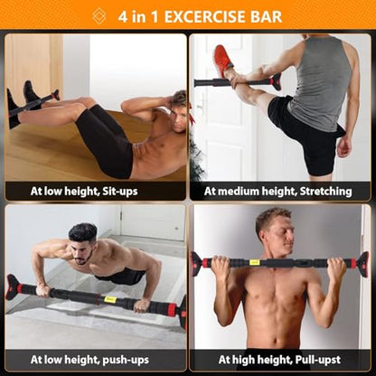 Adjustable Pull Up Bar for Doorway - 440LBS Weight Capacity, No Screws Installation with Level Meter and Auto Lock, Chin Up Bar for Home Gym Strength Training,Red Triple
