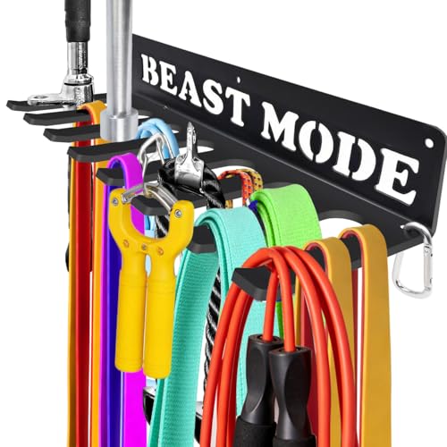 Gym Home Rack 8 Hook Heavy-Duty Wall-mounted Organizer Multi-Purpose Workout Gear Wall Hanger Storage for Resistance Bands Jump Ropes Lifting Belt Fitness Bands Barbells Carabiners Included - color: BEAST MODE