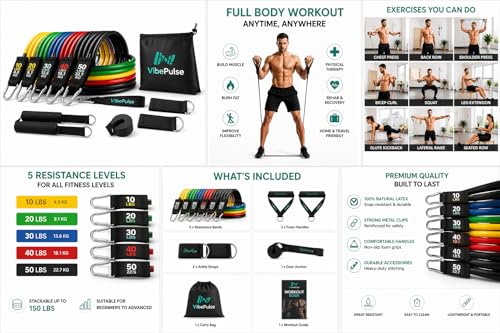 Resistance Bands Set for Physical Therapy Stackable 10-150 lbs Exercise Bands with Handles, Door Anchor, Ankle Straps & Carry Bag - Strength Training, Rehabilitation & Home Gym for Men & Women