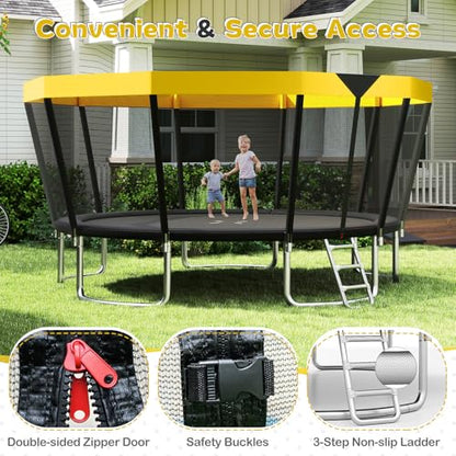 GYMAX Trampoline Outdoor, ASTM Approved Recreational Trampoline with Safety Enclosure Net & Non-Slip Ladder for Kids & Adults, Anti-Rust Large Rebounder Trampolines for Outside, Backyard