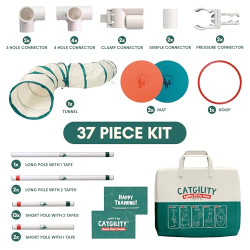 ALBERT & MIA CATGILITY Cat Agility Equipment + Clicker Trainer Guide – Exercise Agility Course – Jumping Hurdles & Hoop, Tunnel (Small Dog & Cat Training) Clicker Training Obstacle Course for Cats