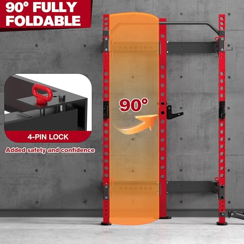 MU 2" x 2" Folding Squat Rack, 1100LBS Wall Mounted Power Rack with Adjustable Pull Up Bar, J Hooks, Landmine, Foldable Squat Rack for Home Gym, Garage, Training Studios (Black and Red)