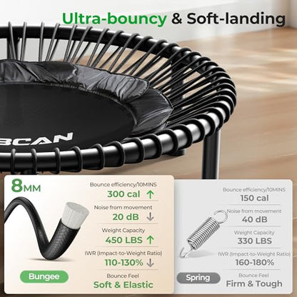 BCAN BT2 450/550LBS Mini Rebounder Trampoline for Adults with Bar, Fitness Trampoline with Bungees, Adjustable Handle, Stable & Quiet, Indoor Outdoor, Whole-Body Workout - 40IN/48IN | FED Fitness