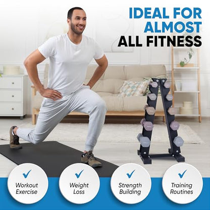 Dumbbell Set with Rack - Neoprene Coated Weights - Hex Color Coded Dumbell Pairs 1-20 LBs