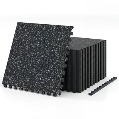 Tangkula 0.79" Thick Rubber Top Exercise Equipment Mats 96 Sq Ft, 24 Tiles Foam Interlocking Floor Tiles with Boarders, Non-Slip & Shock Absorbing Protective Workout Mat for Home Gym (Black+Blue)