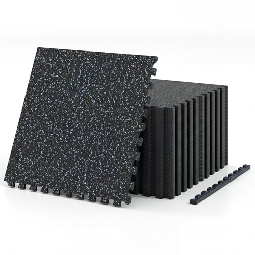 Tangkula 0.79" Thick Rubber Top Exercise Equipment Mats 96 Sq Ft, 24 Tiles Foam Interlocking Floor Tiles with Boarders, Non-Slip & Shock Absorbing Protective Workout Mat for Home Gym (Black+Blue)