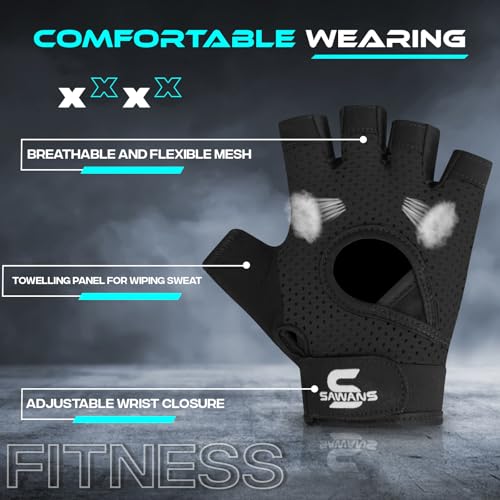 SAWANS Gym Gloves for Men & Women Ladies Weight Lifting Gloves Fitness Workout Breathable Training Non-Slip Grip Silicone Palm Protection Exercise Snug fit Hanging Pull-Ups Dumbbell