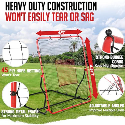 Baseball Rebounder Net, 3/5 Adjustable Angles 4x4.5FT Pitch Back Baseball Softball Volleyball Rebounder with 2 Strike Zones, UV Resistant, Pitchback Trainer for Ground, Line Drive & Fly Balls - style: 3 Angles Adjustable