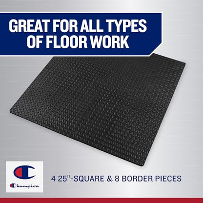 Champion Interlocking Foam Floor Tiles, 12mm Thick EVA Foam Exercise Mat Set with 4 Interlocking Mats & 8 Border Pieces, Non-Slip Cushioned Flooring for Home Workout, Yoga, Stretching, and Pilates