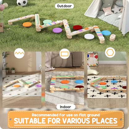 Qaba Kids Balance Beam, Wooden Balance Board with Stepping Stones, Gymnastics Obstacle Course for Toddlers 3-8 Years for Motor Skills Coordination, Indoor Outdoor Use