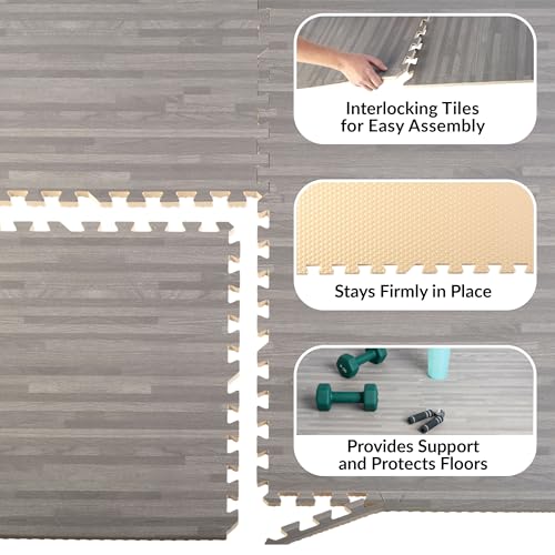 Foam Floor Tiles - 96sqft Wood Grain Interlocking Foam Tiles with Border - Foam Play Mat Playroom or Gym Flooring for Home Gym by Stalwart (Gray)