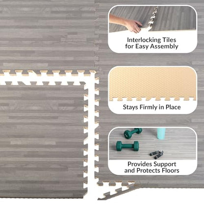 Foam Floor Tiles - 96sqft Wood Grain Interlocking Foam Tiles with Border - Foam Play Mat Playroom or Gym Flooring for Home Gym by Stalwart (Gray)