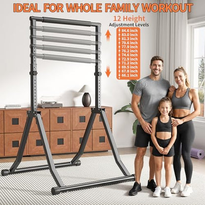 Foldable Power Tower Dip Station for Pull Ups, 66.1"-84.6" 12 Level 700 LBS, Adjustable Dip Handles & Assistance Bands Foldable Home Gym Equipment - color: 66"-85"